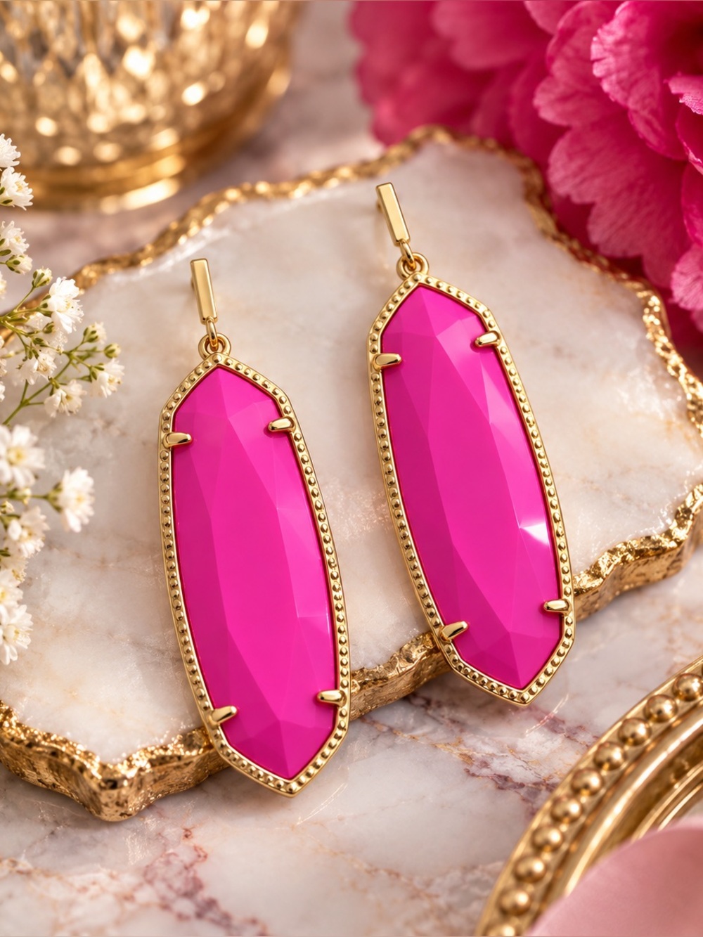 Kendra Scott NWT Fuchsia Pink Genuine Stone Drop Earrings 14K Gold Over Brass